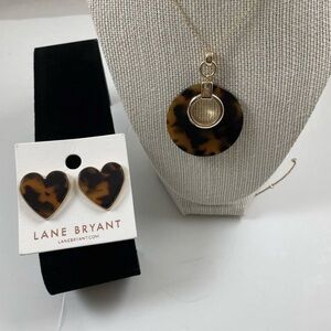 Lane Bryant Tortoise Shell Pendant Necklace and Heart Earrings Set